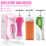 3-in-1 wax heater kit with wax cartridges and paper strips for at-home hair removal