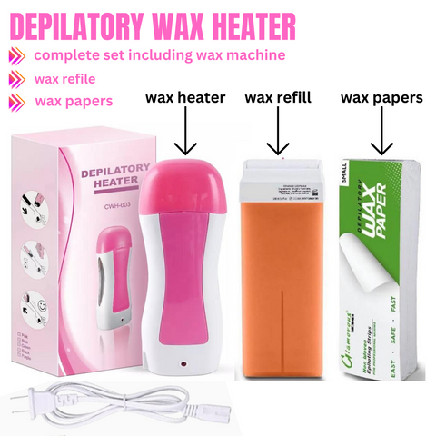 3-in-1 wax heater kit with wax cartridges and paper strips for at-home hair removal