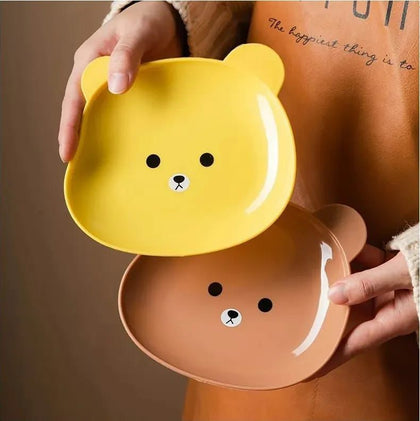8-piece cartoon bear shape dessert plates set with storage stand – food-grade plastic for kids
